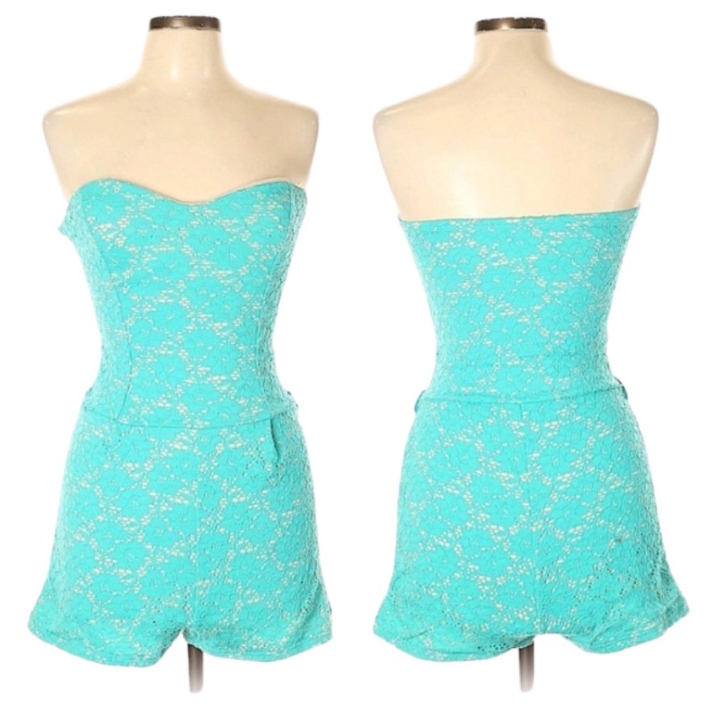 Janice Teal Lace Romper with Tan Underlay - Size L